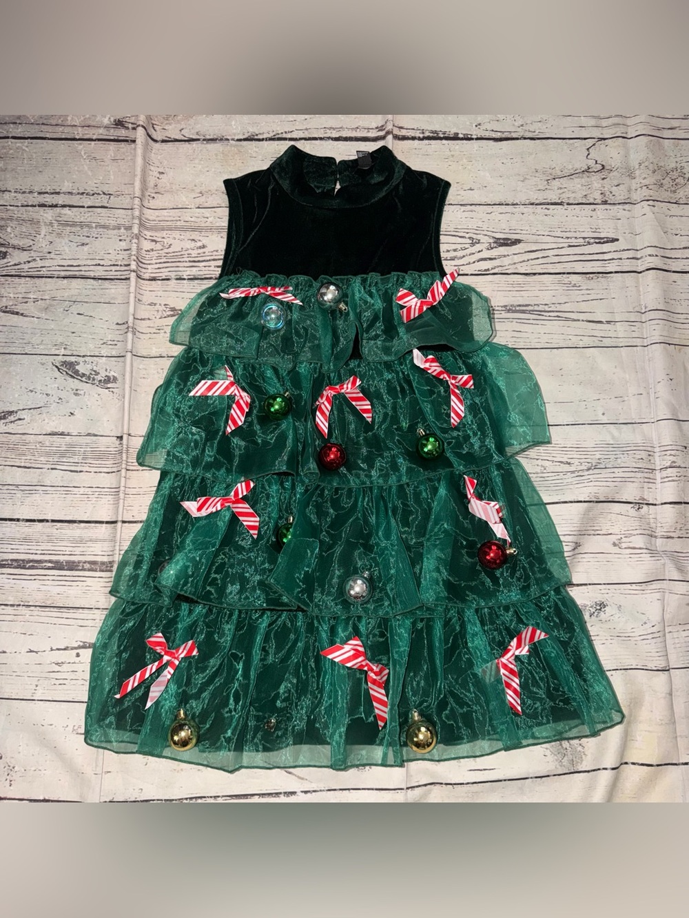 Forever 21 Green Tiered Ruffle Holiday Dress with Candy-Stripe Bows